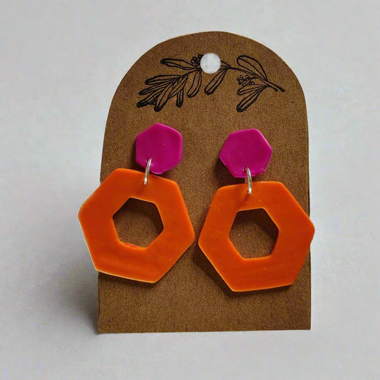 Pink and Orange Hexagon Earrings