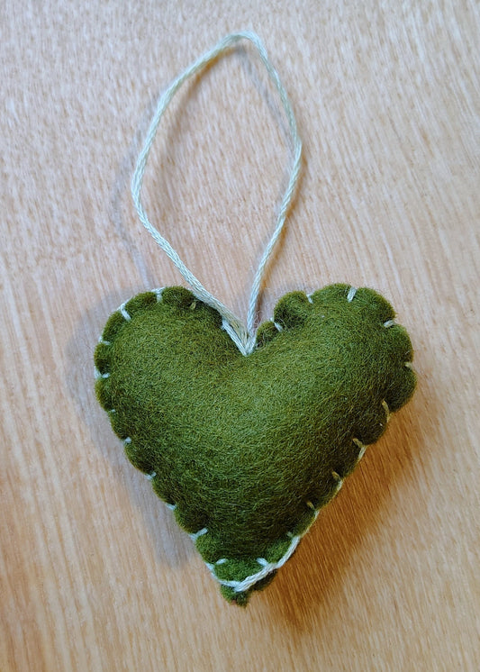 Hanging Heart Decoration - Green with Blue Stitching