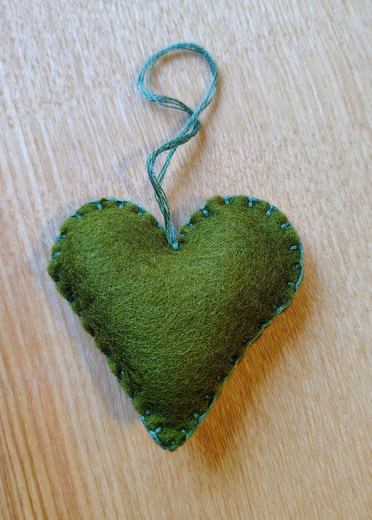 Hanging Heart Decoration - Green with Duck Egg Stitching