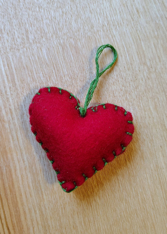 Hanging Heart Decoration - Red with Green Stitching