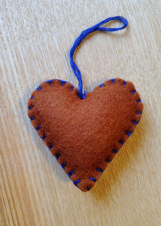 Hanging Heart Decoration - Brown with Blue Stitching