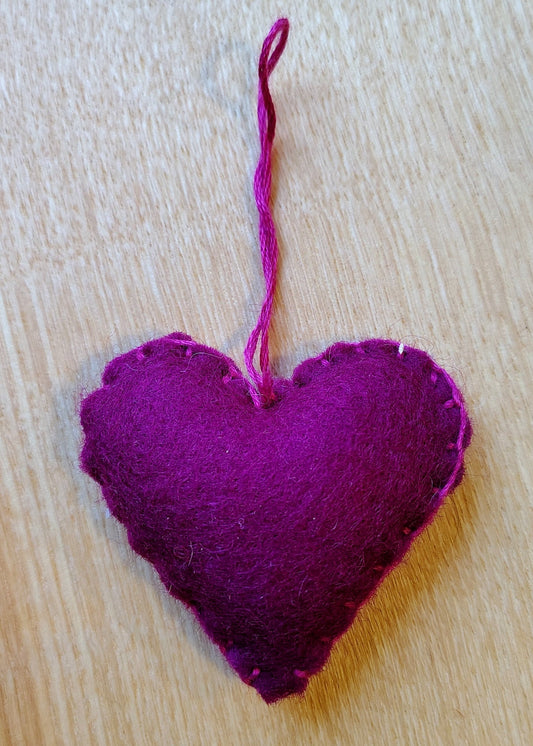 Hanging Heart Decoration - Purple with Pink Stitching