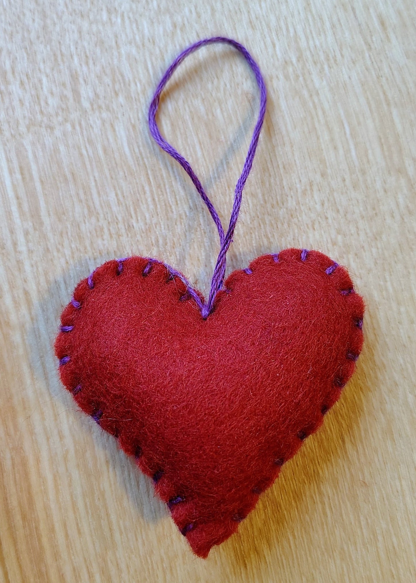 Hanging Heart Decoration - Red with Purple Stitching