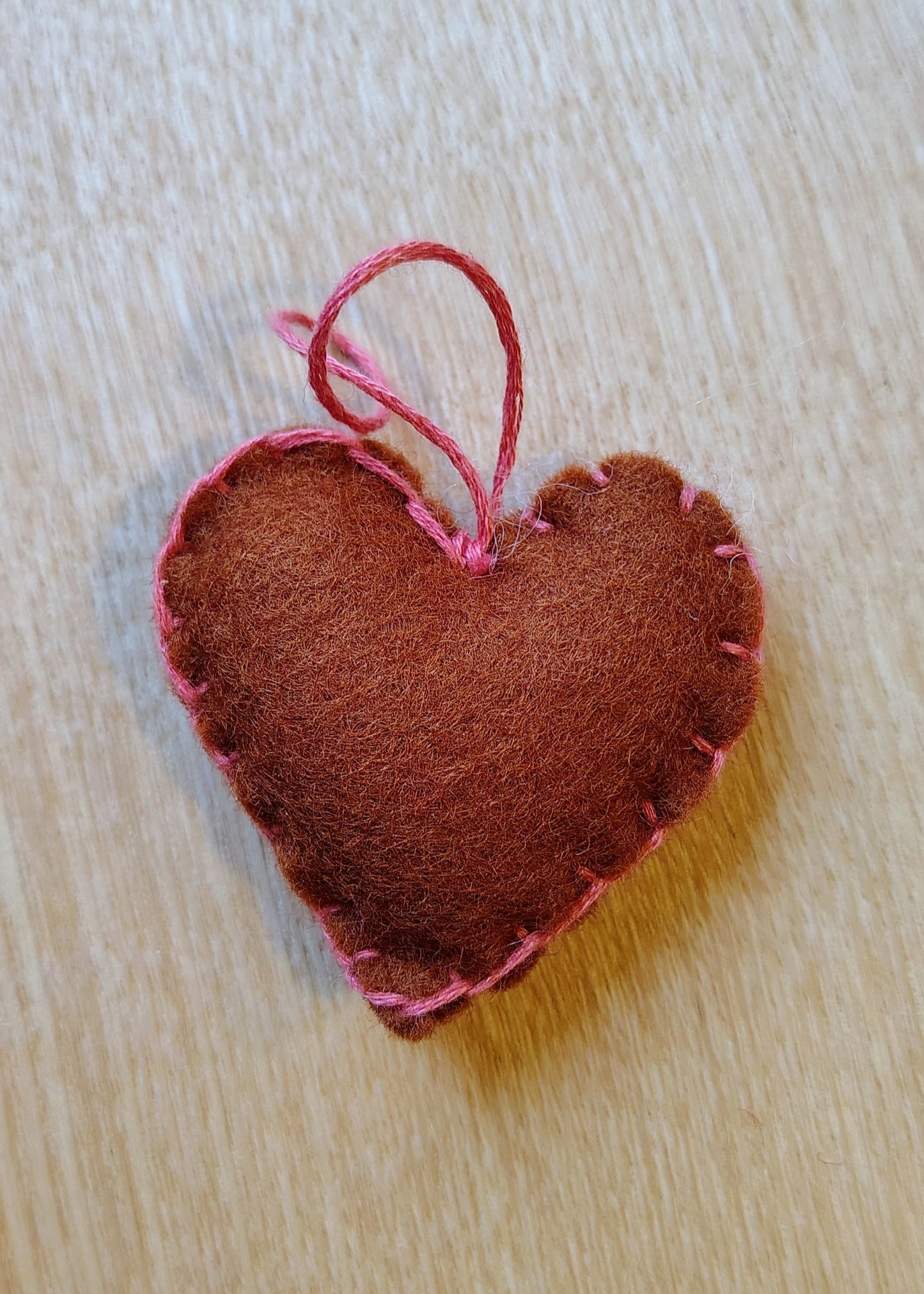 Hanging Heart Decoration - Brown with Pink Stitching