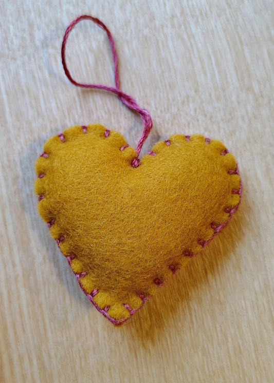 Hanging Heart Decoration - Mustard with Pink Stitching