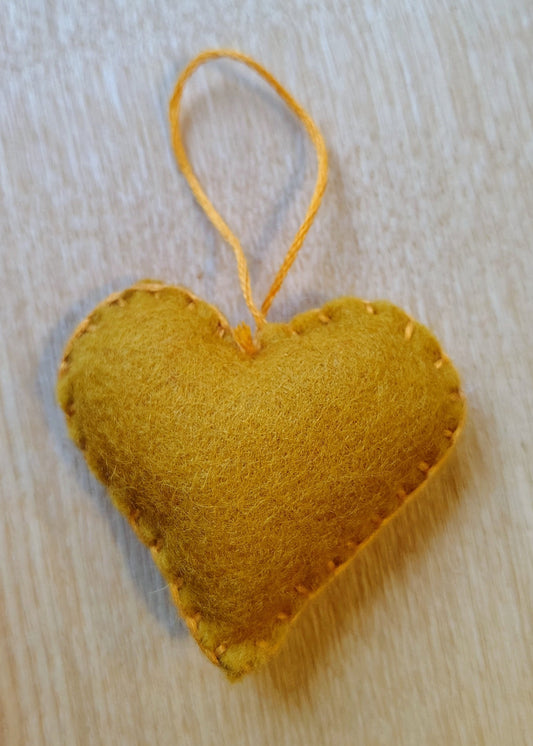 Hanging Heart Decoration - Mustard with Orange Stitching