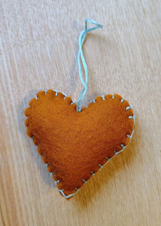 Hanging Heart Decoration - Rusty Orange with Blue Stitching